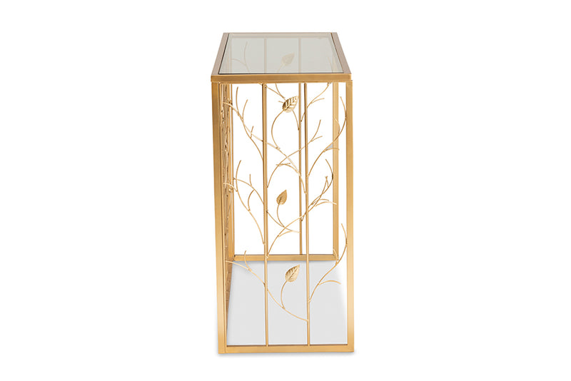 Baxton Studio Anaya Modern and Contemporary Glam Brushed Gold Finished Metal and Glass Leaf Console Table