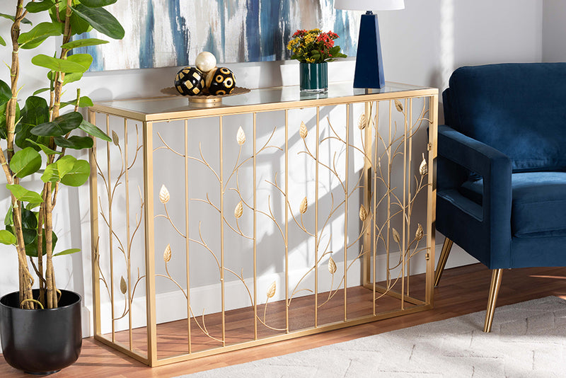 Baxton Studio Anaya Modern and Contemporary Glam Brushed Gold Finished Metal and Glass Leaf Console Table