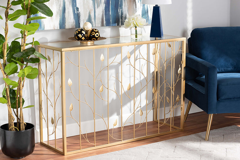 Baxton Studio Anaya Modern and Contemporary Glam Brushed Gold Finished Metal and Glass Leaf Console Table