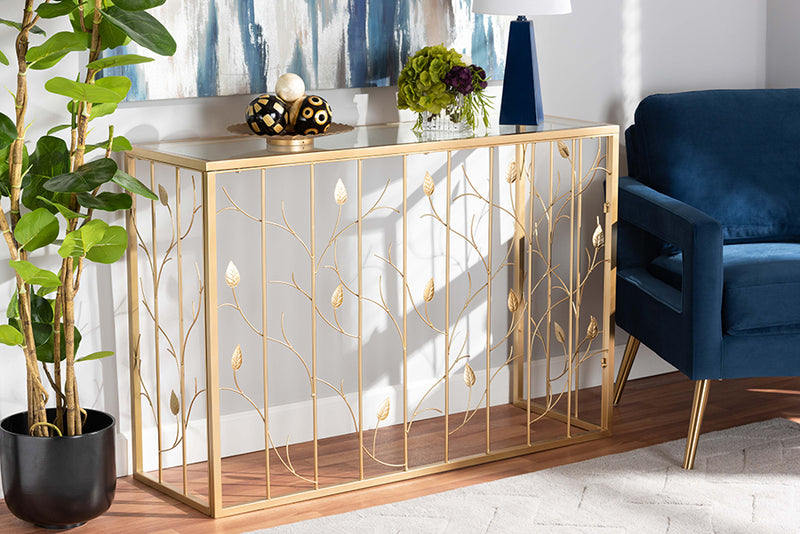 Baxton Studio Anaya Modern and Contemporary Glam Brushed Gold Finished Metal and Glass Leaf Console Table