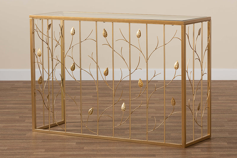 Baxton Studio Anaya Modern and Contemporary Glam Brushed Gold Finished Metal and Glass Leaf Console Table