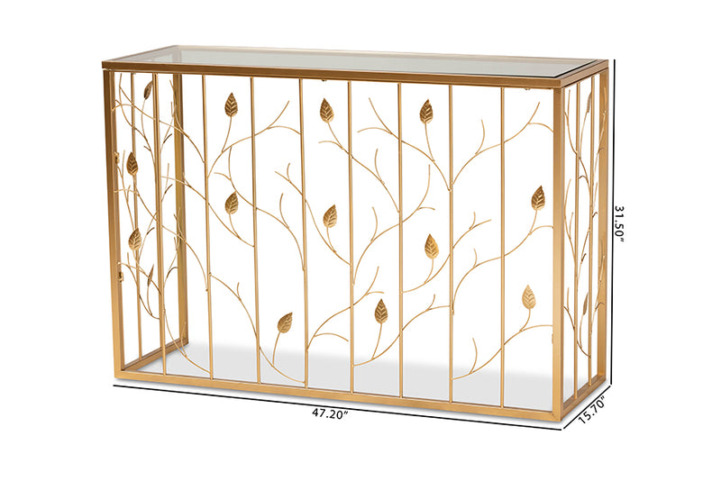 Baxton Studio Anaya Modern and Contemporary Glam Brushed Gold Finished Metal and Glass Leaf Console Table