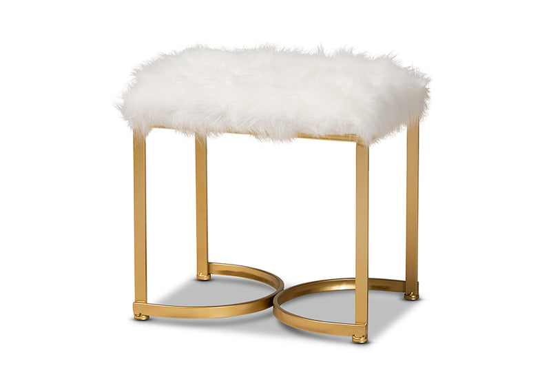 Baxton Studio Gwyn Glam and Luxe White Faux Fur Upholstered and Gold Finished Metal Ottoman
