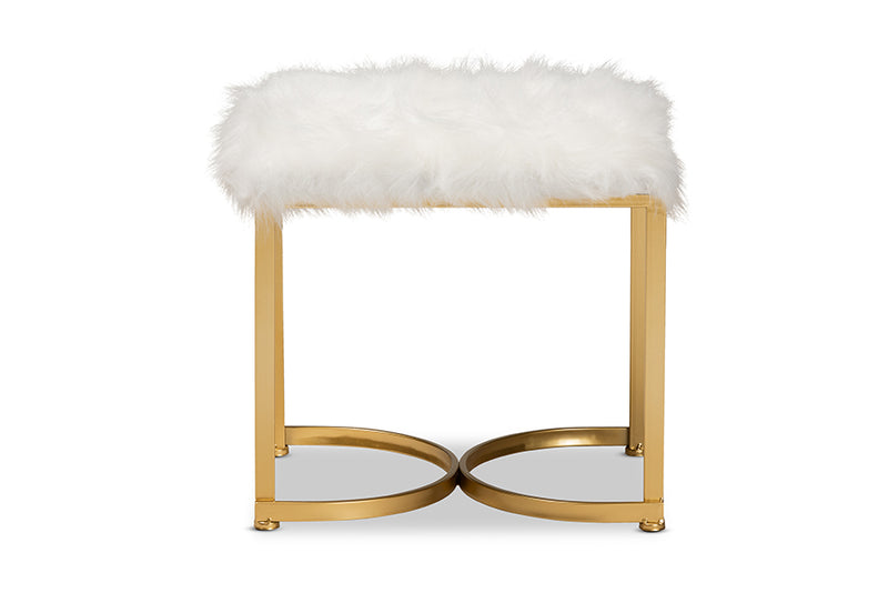 Baxton Studio Gwyn Glam and Luxe White Faux Fur Upholstered and Gold Finished Metal Ottoman