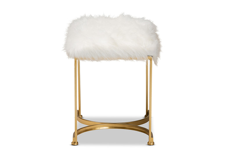 Baxton Studio Gwyn Glam and Luxe White Faux Fur Upholstered and Gold Finished Metal Ottoman