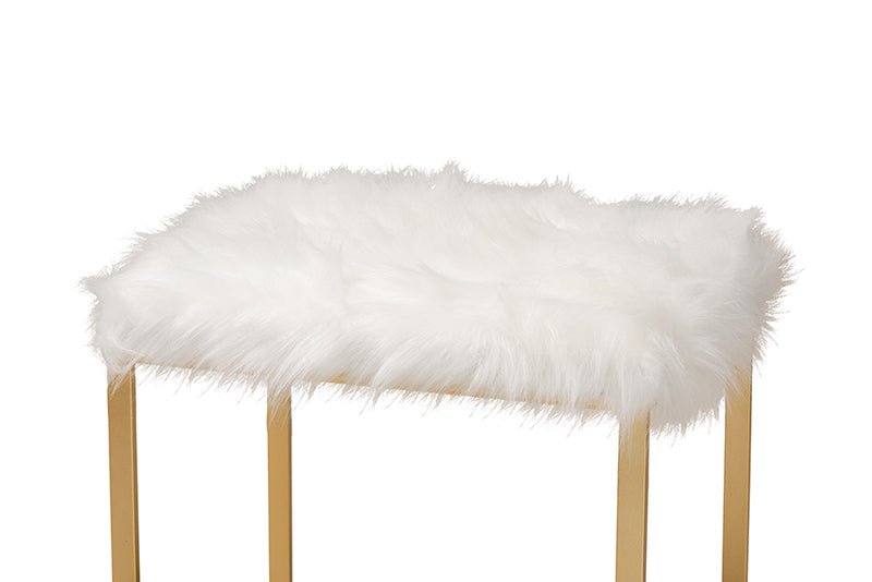 Baxton Studio Gwyn Glam and Luxe White Faux Fur Upholstered and Gold Finished Metal Ottoman