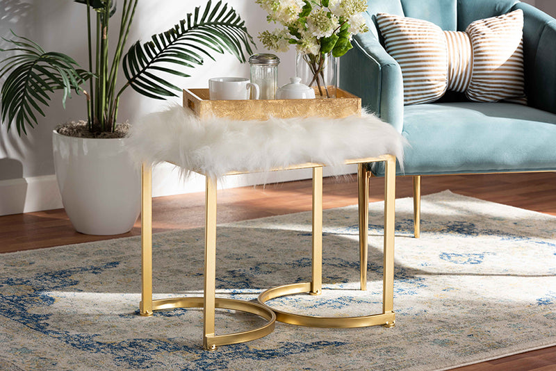 Baxton Studio Gwyn Glam and Luxe White Faux Fur Upholstered and Gold Finished Metal Ottoman