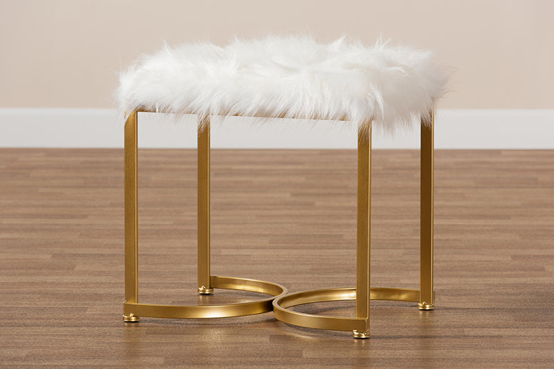Baxton Studio Gwyn Glam and Luxe White Faux Fur Upholstered and Gold Finished Metal Ottoman