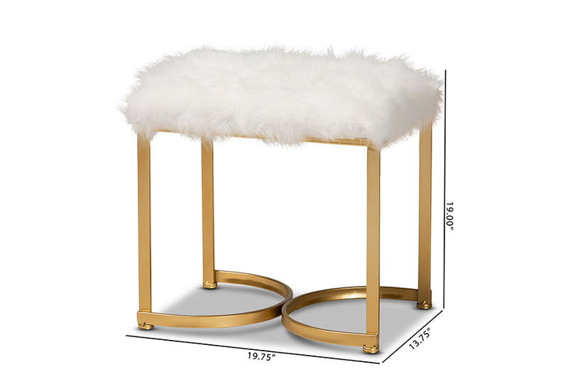 Baxton Studio Gwyn Glam and Luxe White Faux Fur Upholstered and Gold Finished Metal Ottoman