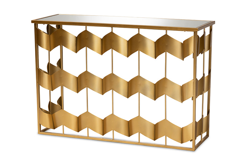 Baxton Studio Vega Glam and Luxe Gold Finished Metal and Mirrored Glass Geometric Console Table