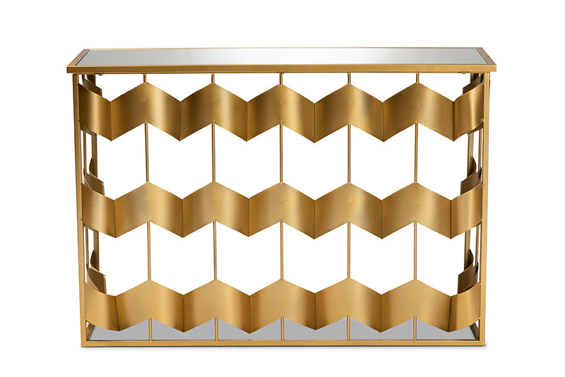 Baxton Studio Vega Glam and Luxe Gold Finished Metal and Mirrored Glass Geometric Console Table