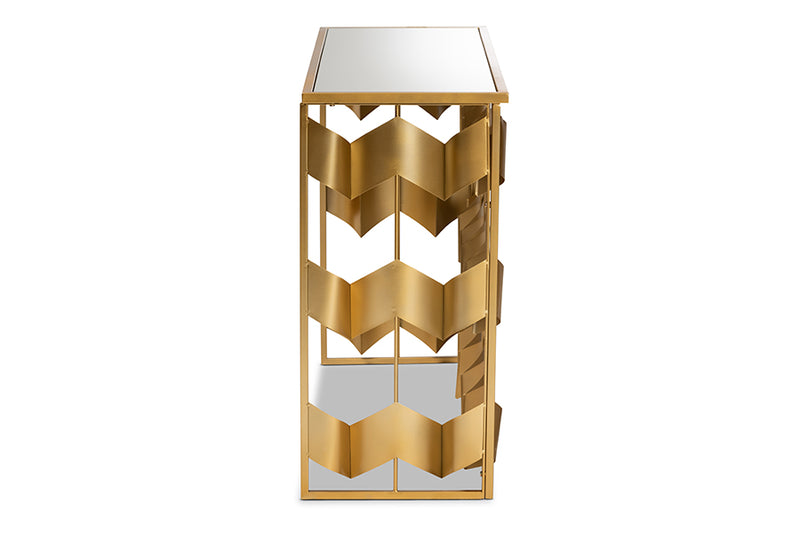 Baxton Studio Vega Glam and Luxe Gold Finished Metal and Mirrored Glass Geometric Console Table