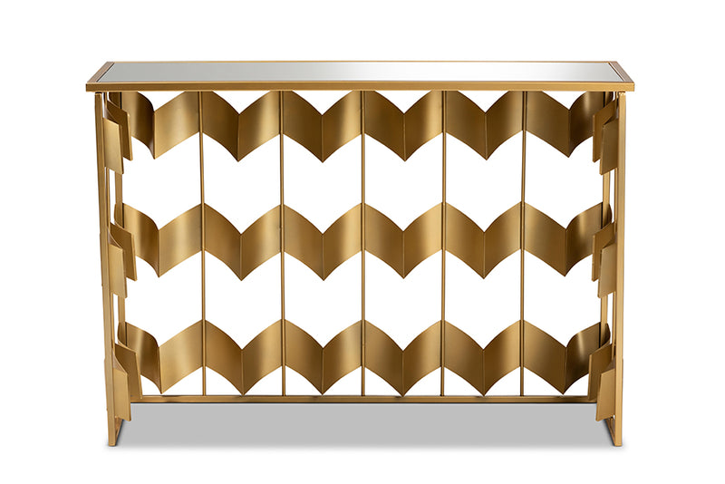 Baxton Studio Vega Glam and Luxe Gold Finished Metal and Mirrored Glass Geometric Console Table