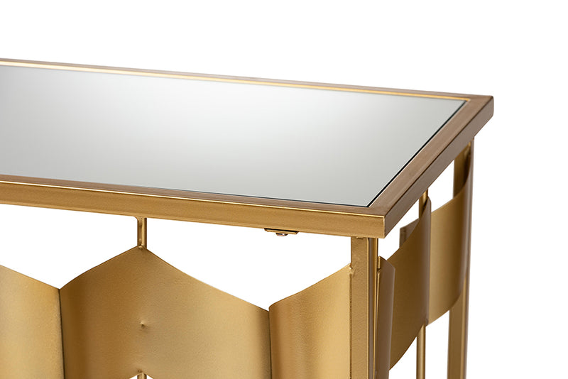 Baxton Studio Vega Glam and Luxe Gold Finished Metal and Mirrored Glass Geometric Console Table