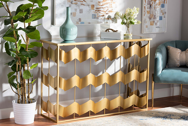 Baxton Studio Vega Glam and Luxe Gold Finished Metal and Mirrored Glass Geometric Console Table