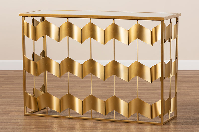 Baxton Studio Vega Glam and Luxe Gold Finished Metal and Mirrored Glass Geometric Console Table