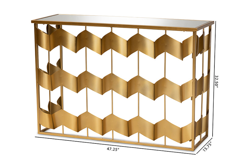 Baxton Studio Vega Glam and Luxe Gold Finished Metal and Mirrored Glass Geometric Console Table