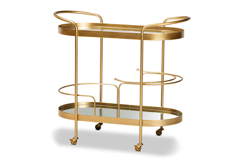 Baxton Studio Kamal Modern and Contemporary Glam Brushed Gold Finished Metal and Mirrored Glass 2-Tier Mobile Wine Bar Cart