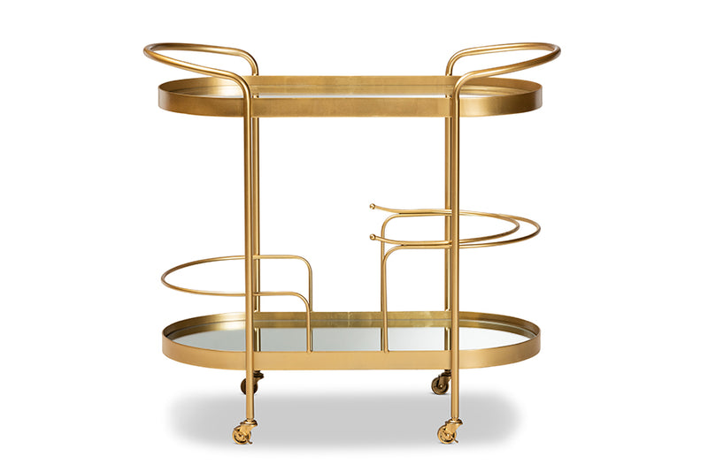 Baxton Studio Kamal Modern and Contemporary Glam Brushed Gold Finished Metal and Mirrored Glass 2-Tier Mobile Wine Bar Cart