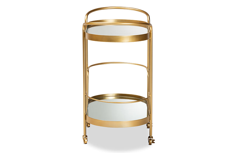 Baxton Studio Kamal Modern and Contemporary Glam Brushed Gold Finished Metal and Mirrored Glass 2-Tier Mobile Wine Bar Cart