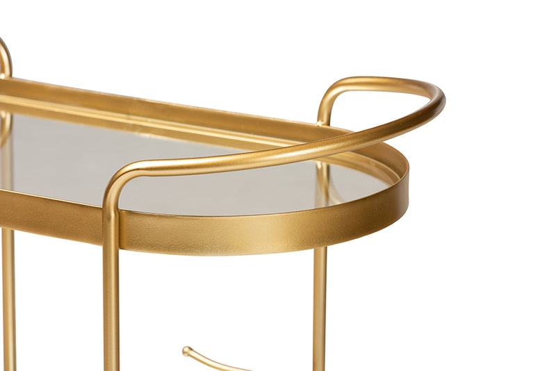 Baxton Studio Kamal Modern and Contemporary Glam Brushed Gold Finished Metal and Mirrored Glass 2-Tier Mobile Wine Bar Cart