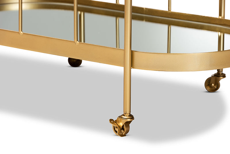 Baxton Studio Kamal Modern and Contemporary Glam Brushed Gold Finished Metal and Mirrored Glass 2-Tier Mobile Wine Bar Cart