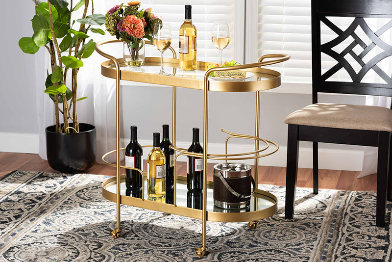 Baxton Studio Kamal Modern and Contemporary Glam Brushed Gold Finished Metal and Mirrored Glass 2-Tier Mobile Wine Bar Cart