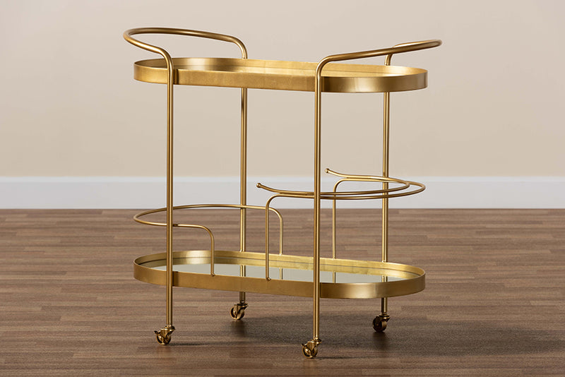 Baxton Studio Kamal Modern and Contemporary Glam Brushed Gold Finished Metal and Mirrored Glass 2-Tier Mobile Wine Bar Cart