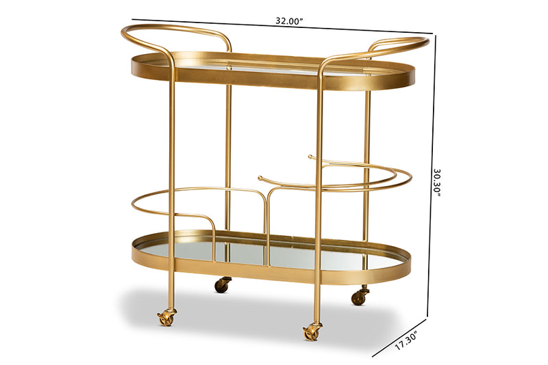 Baxton Studio Kamal Modern and Contemporary Glam Brushed Gold Finished Metal and Mirrored Glass 2-Tier Mobile Wine Bar Cart