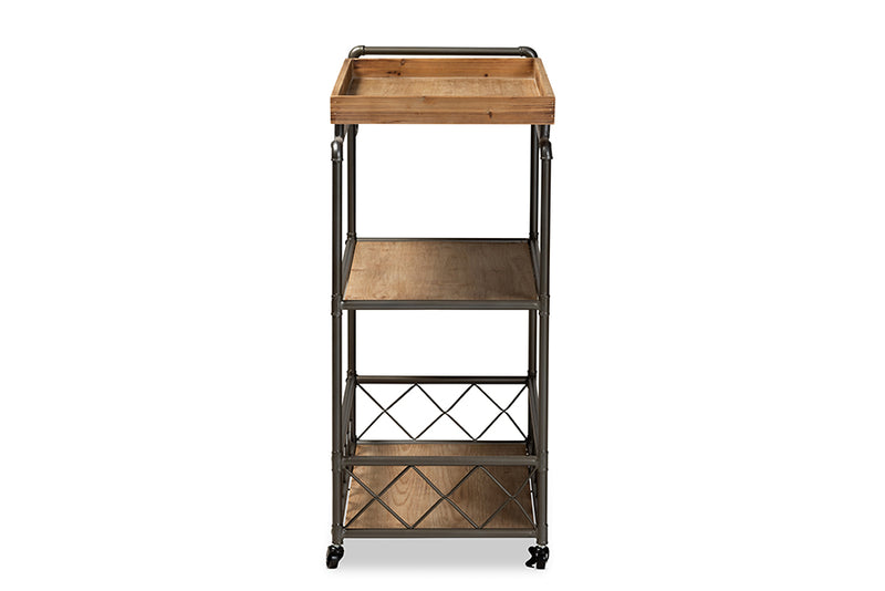Baxton Studio Amado Rustic Industrial Farmhouse Oak Brown Finished Wood and Black Metal 3-Tier Mobile Kitchen Cart