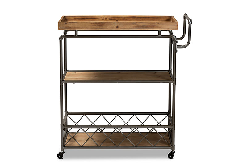 Baxton Studio Amado Rustic Industrial Farmhouse Oak Brown Finished Wood and Black Metal 3-Tier Mobile Kitchen Cart