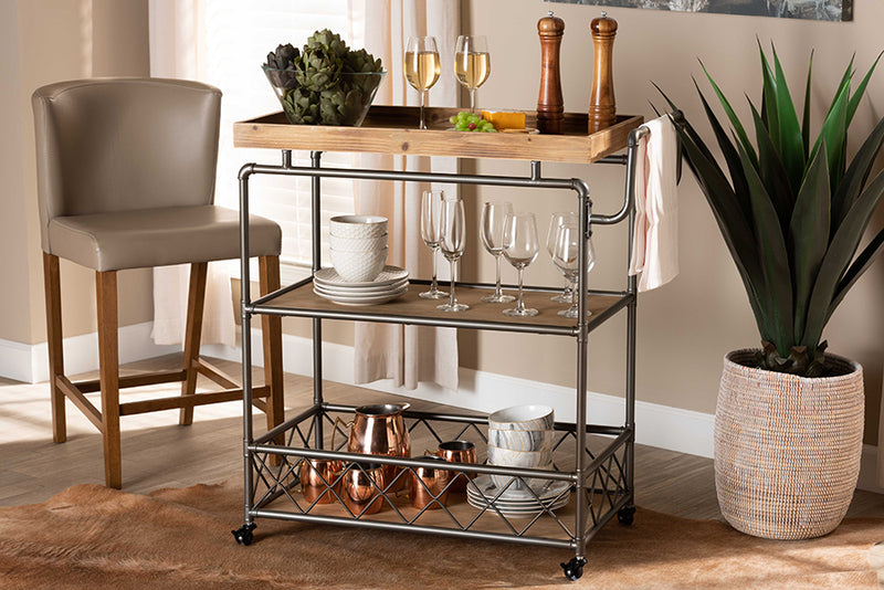 Baxton Studio Amado Rustic Industrial Farmhouse Oak Brown Finished Wood and Black Metal 3-Tier Mobile Kitchen Cart