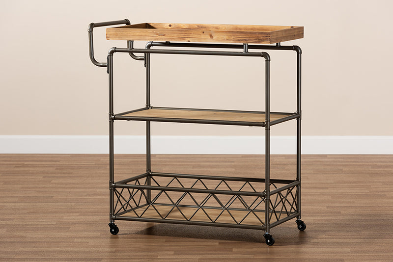 Baxton Studio Amado Rustic Industrial Farmhouse Oak Brown Finished Wood and Black Metal 3-Tier Mobile Kitchen Cart