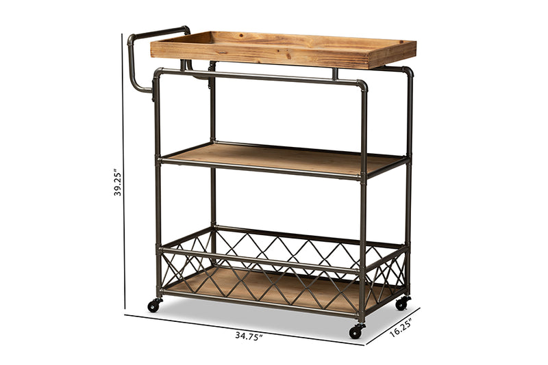 Baxton Studio Amado Rustic Industrial Farmhouse Oak Brown Finished Wood and Black Metal 3-Tier Mobile Kitchen Cart