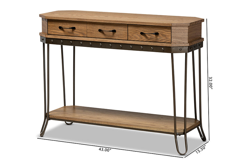 Baxton Studio Kellyn Vintage Rustic Industrial Oak Brown Finished Wood and Black Finished Metal 3-Drawer Console Table�