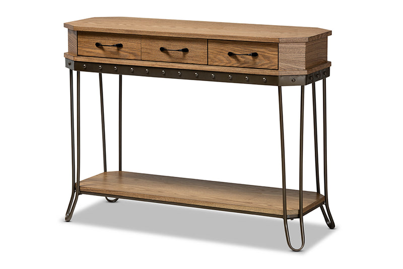 Baxton Studio Kellyn Vintage Rustic Industrial Oak Brown Finished Wood and Black Finished Metal 3-Drawer Console Table�