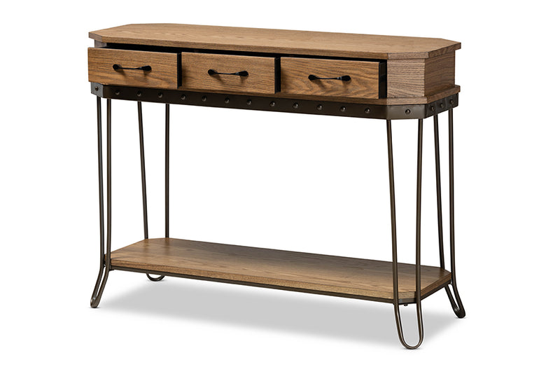 Baxton Studio Kellyn Vintage Rustic Industrial Oak Brown Finished Wood and Black Finished Metal 3-Drawer Console Table�