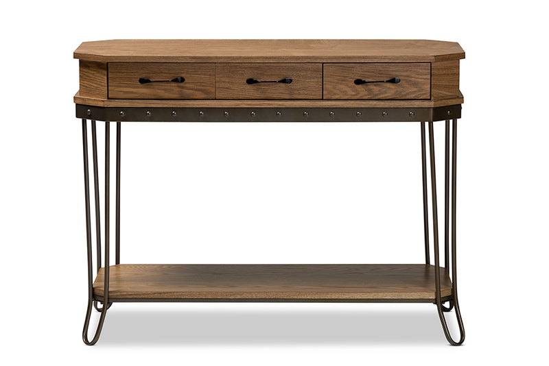 Baxton Studio Kellyn Vintage Rustic Industrial Oak Brown Finished Wood and Black Finished Metal 3-Drawer Console Table�