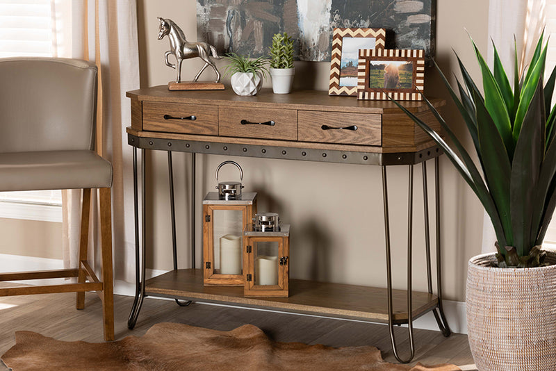 Baxton Studio Kellyn Vintage Rustic Industrial Oak Brown Finished Wood and Black Finished Metal 3-Drawer Console Table�