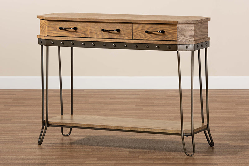 Baxton Studio Kellyn Vintage Rustic Industrial Oak Brown Finished Wood and Black Finished Metal 3-Drawer Console Table�