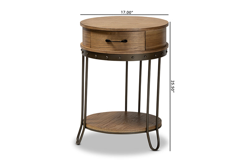 Baxton Studio Kellyn Vintage Rustic Industrial Oak Brown Finished Wood and Black Finished Metal 1-Drawer End Table