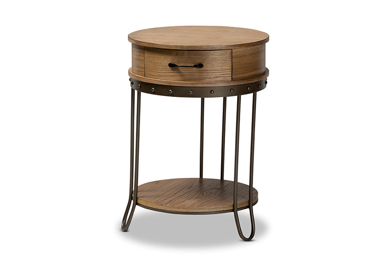 Baxton Studio Kellyn Vintage Rustic Industrial Oak Brown Finished Wood and Black Finished Metal 1-Drawer End Table