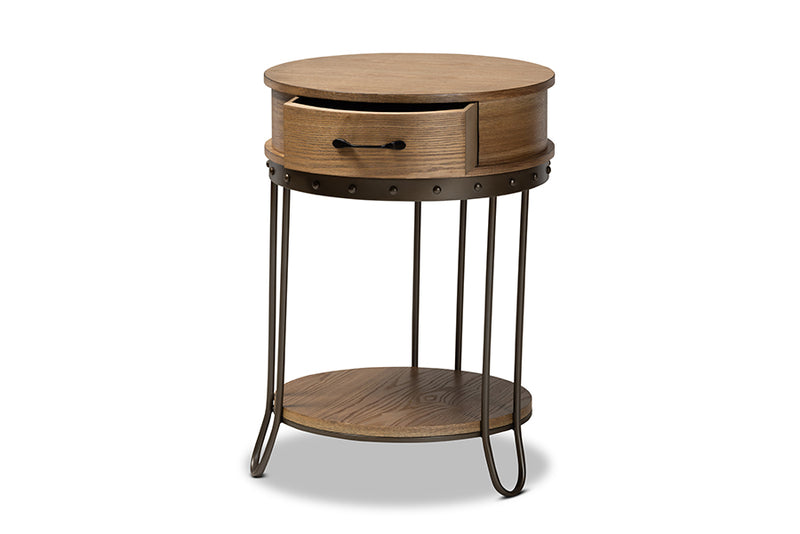 Baxton Studio Kellyn Vintage Rustic Industrial Oak Brown Finished Wood and Black Finished Metal 1-Drawer End Table