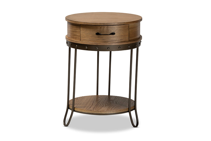 Baxton Studio Kellyn Vintage Rustic Industrial Oak Brown Finished Wood and Black Finished Metal 1-Drawer End Table