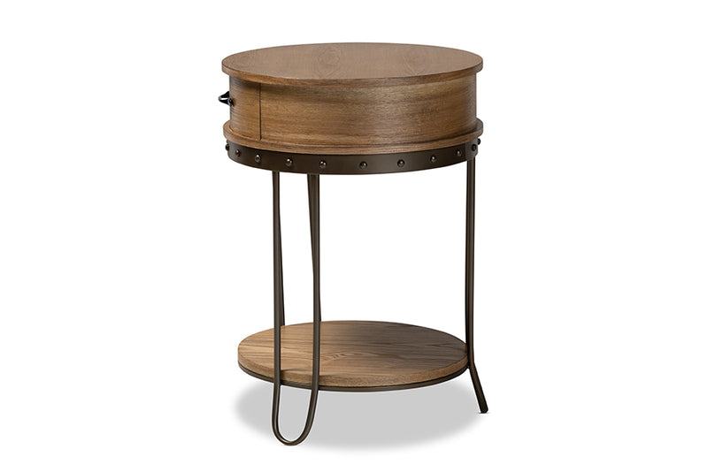 Baxton Studio Kellyn Vintage Rustic Industrial Oak Brown Finished Wood and Black Finished Metal 1-Drawer End Table