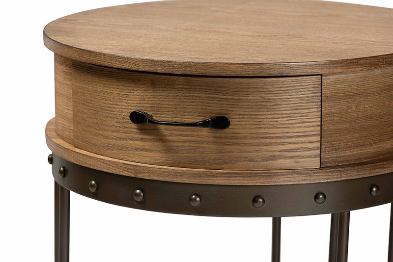 Baxton Studio Kellyn Vintage Rustic Industrial Oak Brown Finished Wood and Black Finished Metal 1-Drawer End Table