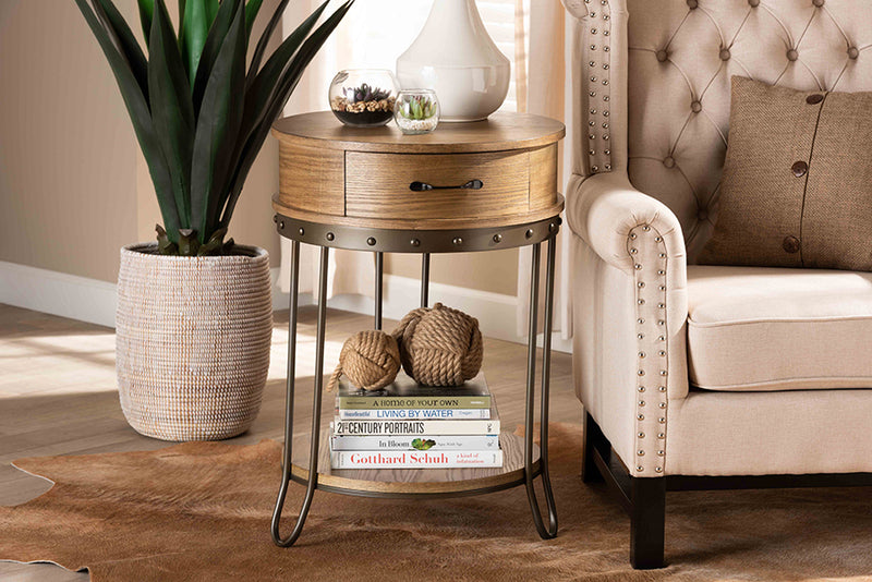 Baxton Studio Kellyn Vintage Rustic Industrial Oak Brown Finished Wood and Black Finished Metal 1-Drawer End Table
