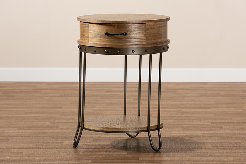 Baxton Studio Kellyn Vintage Rustic Industrial Oak Brown Finished Wood and Black Finished Metal 1-Drawer End Table