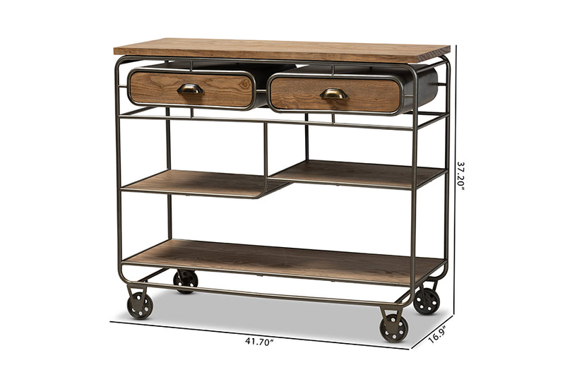 Baxton Studio Grant Vintage Rustic Industrial Oak Brown Finished Wood and Black Finished Metal 2-Drawer Kitchen Cart