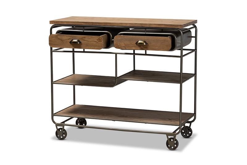 Baxton Studio Grant Vintage Rustic Industrial Oak Brown Finished Wood and Black Finished Metal 2-Drawer Kitchen Cart
